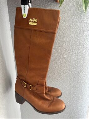 Coach Cognac Leather Knee Boots with Gold Hardware